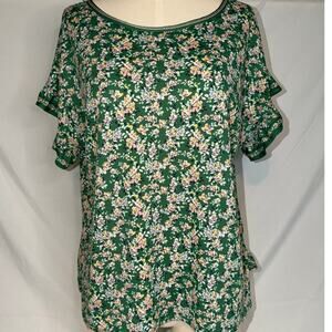 MAX STUDIO Women's Green‎ Floral Relaxed Blouse Short Sleeve - Size LARGE
